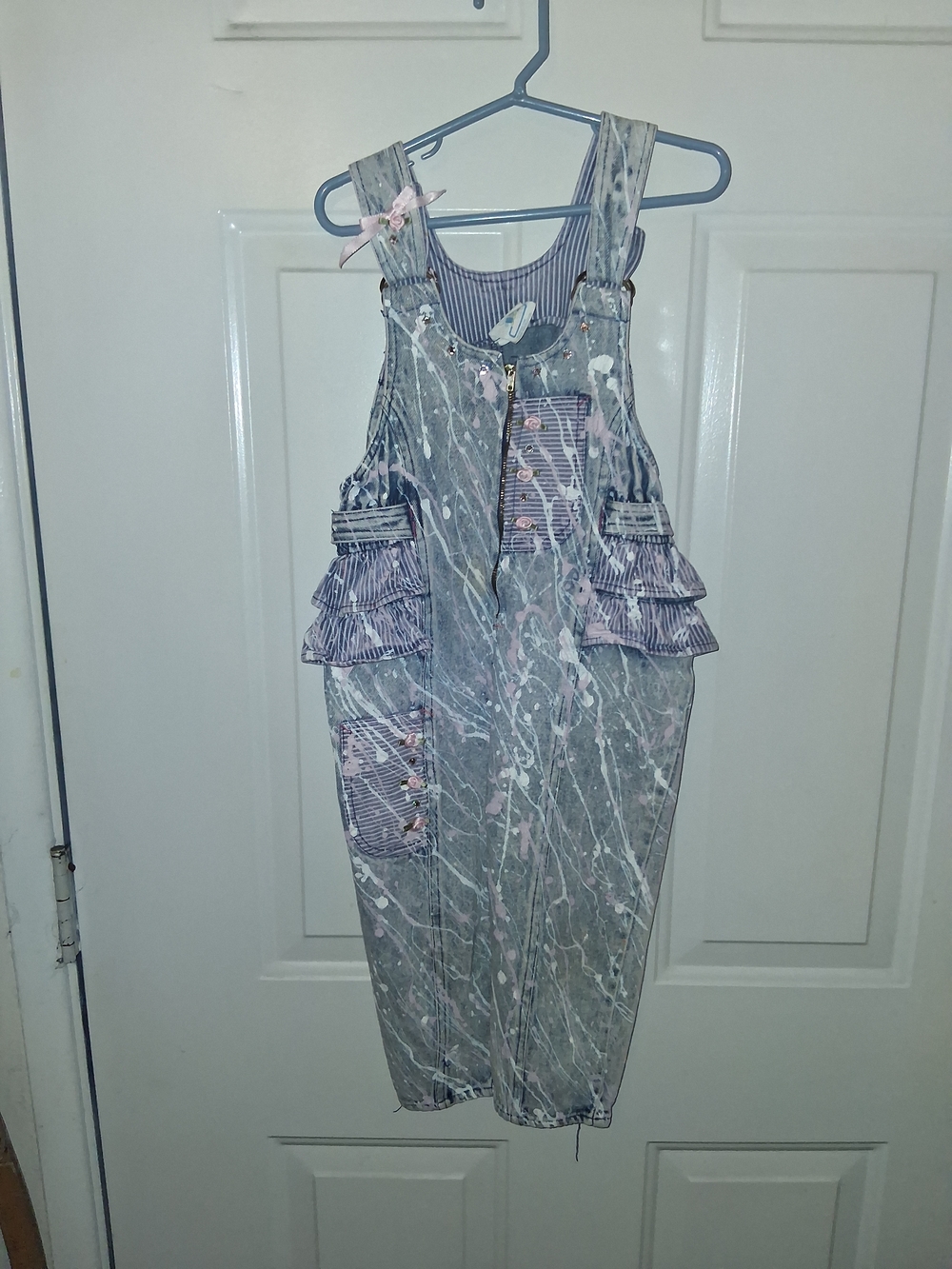 Girls' Gray Paint-Splash Overalls with Pink Trim